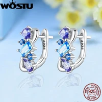 wostu real womens 925 sterling silver multi color aaa cz dangle hoop earrings for women rainbow ear cilps wedding jewelry gift