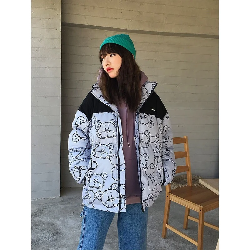 Women Warm Thicken Outerwear Loose Parkas Coats Fashion Cartoon Printed Cotton Windbreaker Jacket Zip Coat Jackets 2021 Winter