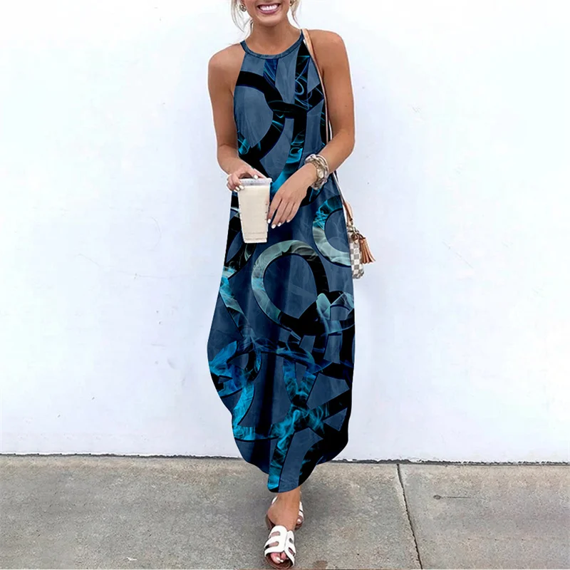 

Spring Summer Women Strap Printed Sexy Beach Long Maxi Dress Sleeveless Vintage Clothing Holiday