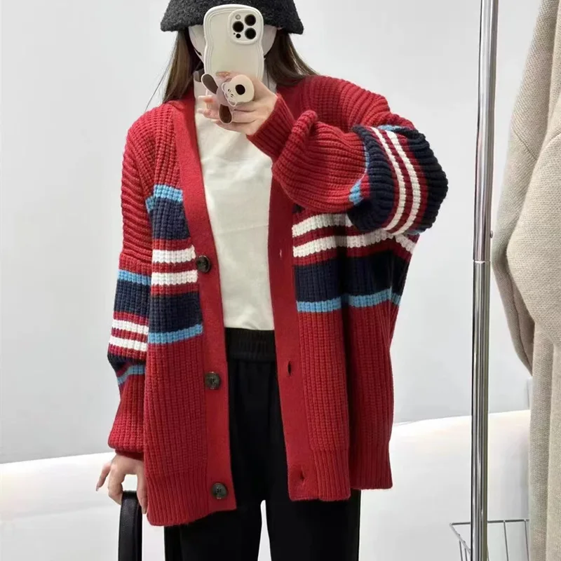 

Вязаный кардиган в полоску, с V-образным вырезом