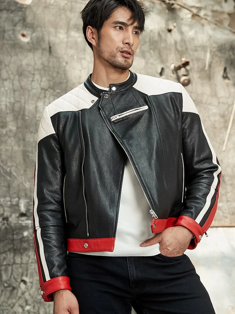 Мужская байкерская куртка из натуральной овечьей кожи с воротником-стойкой