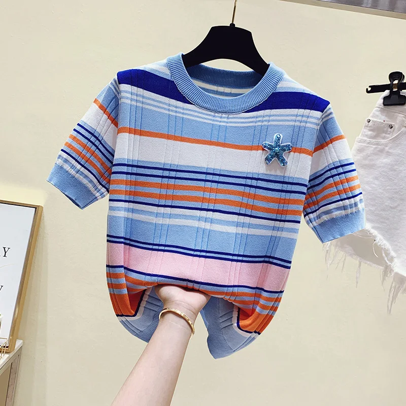

Sequins Star Colorful striped sweater women short sleeve knitted tops fashion 2022 spring summer pullover