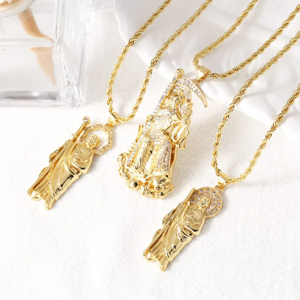 FLOLA большие позолоченные ожерелья Санта-Мьютте для женщин CZ Crystal San Judas амулет