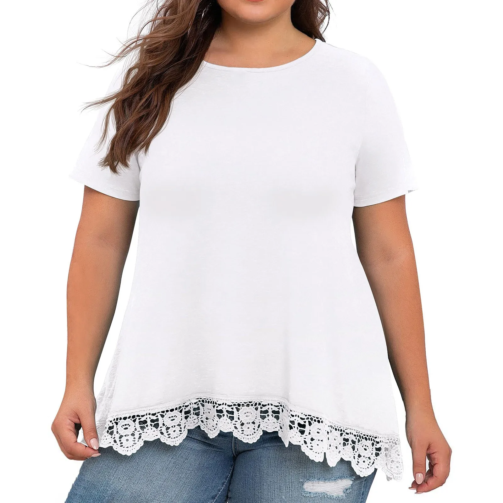 

Plus Size Lace Stitching Flowy Tops Elegant Women Short Sleeves O Neck Daily Working T Shirts Female Big Blouse Y2k Blusa Camisa