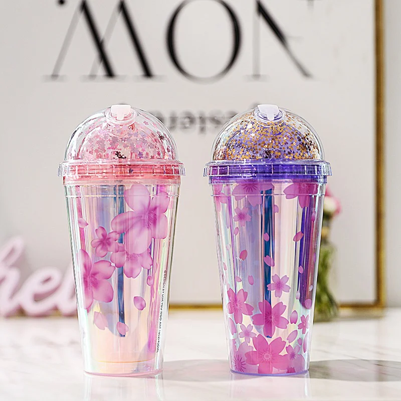 

480ml Double Layer Floral Colorful Glitter Ice Cup Summer Cool Water Bottle Juice Plastic Straw Refrigeration Crushed Tumbler