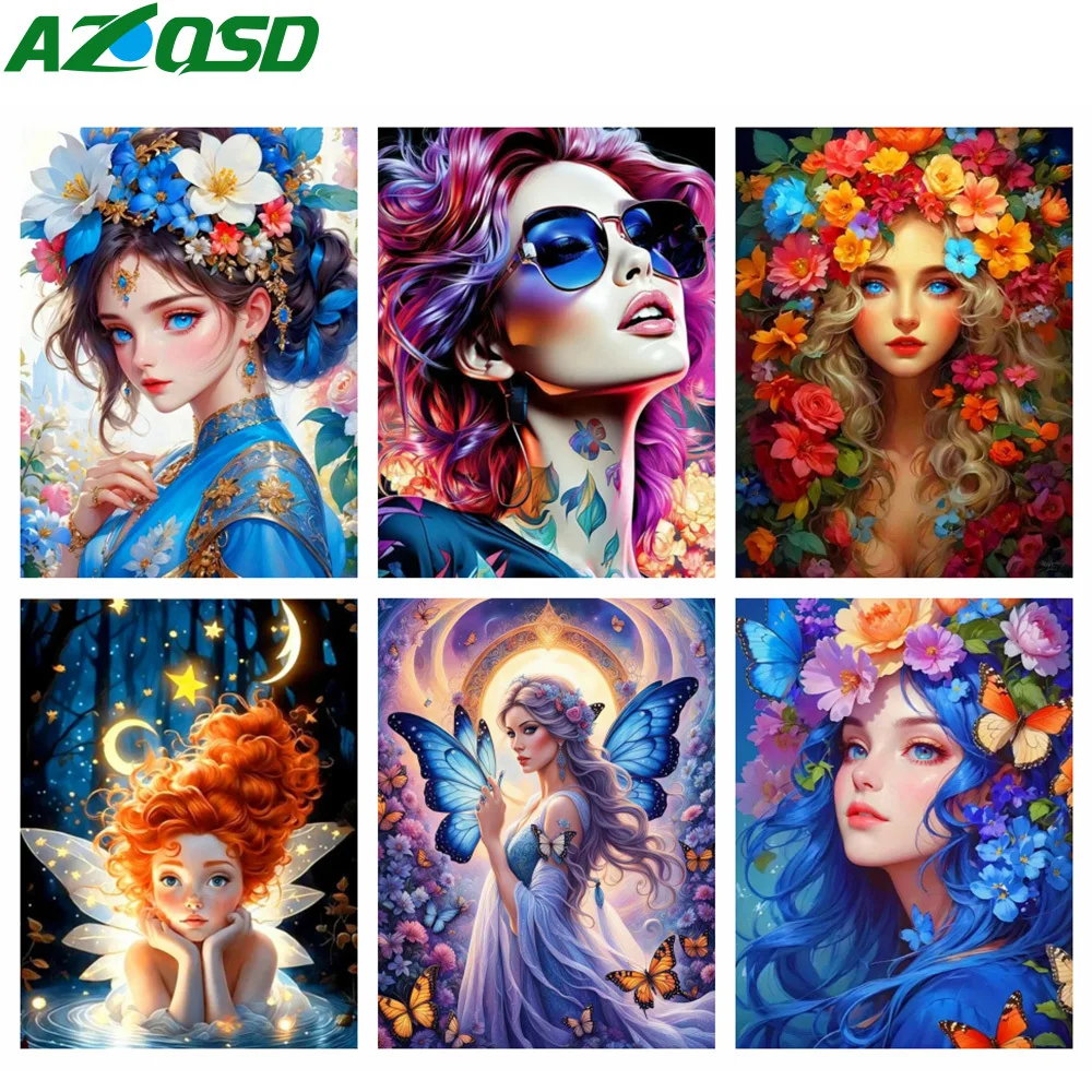 Azqsd Набор Алмазной Живописи Полный Круглый Сверл Портрет Девушки Искусственная
