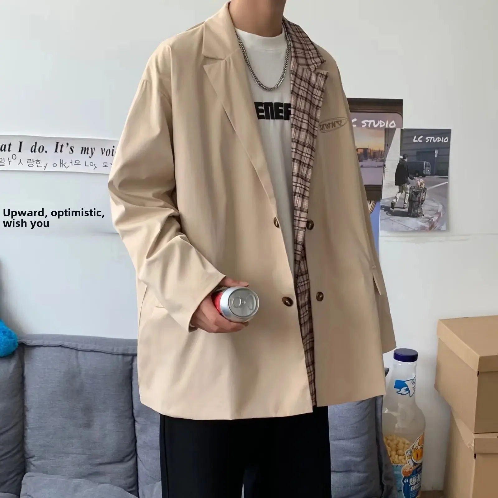 Spring Autumn Men's Loose-fit Trendy Korean Style Suit Elegant Vintage Western-style Clothes Plaid Casual Top Jacket