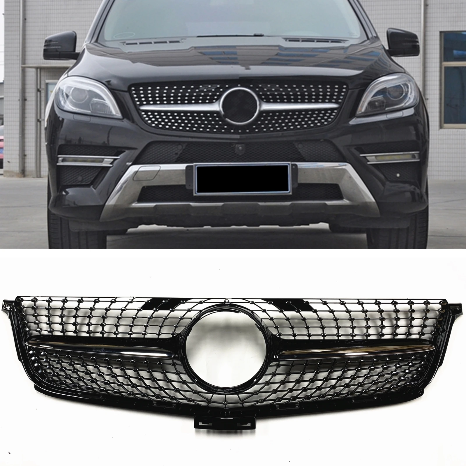 

Grille Front Racing Grill For Mercedes Benz W166 ML 2012-2015 Diamond Style Black Replacement Upper Bumper Hood Mesh Body Kit