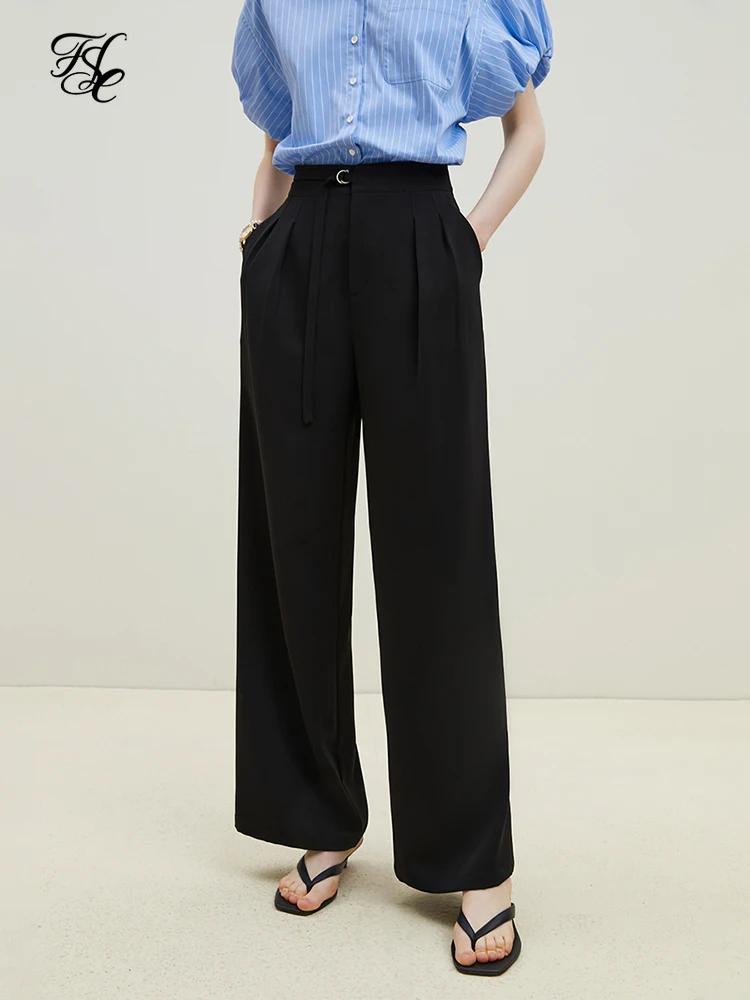 

FSLE Design Sense Casual Style Wide-leg Pants for Women Summer Newly Simple Loose Straight-leg Long Pants with Belt Female