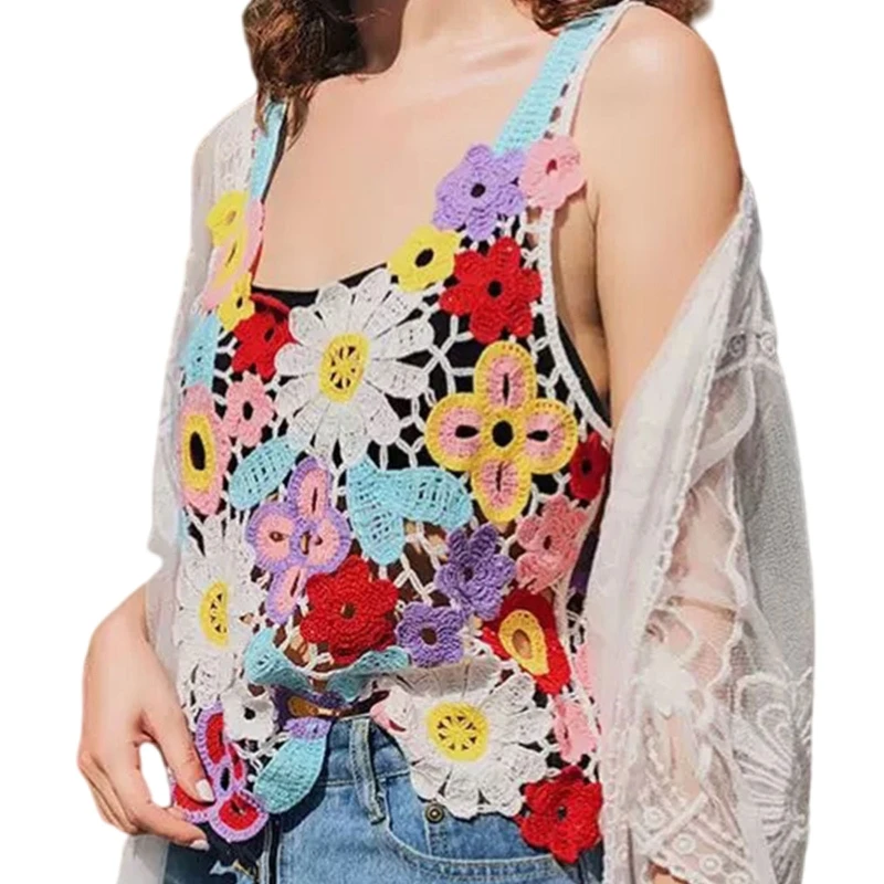 Женский кроп-топ без рукавов вязаный крючком кружевной в стиле бохо ажурный