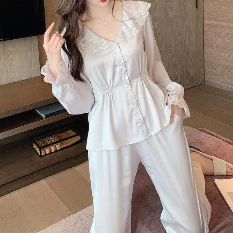 

Doll Collar 2PCS Pajamas Suit Lady Lace Pyjamas Satin Patchwork Loungewear Long Sleeve Home Clothes Lingerie Casual Nightwear