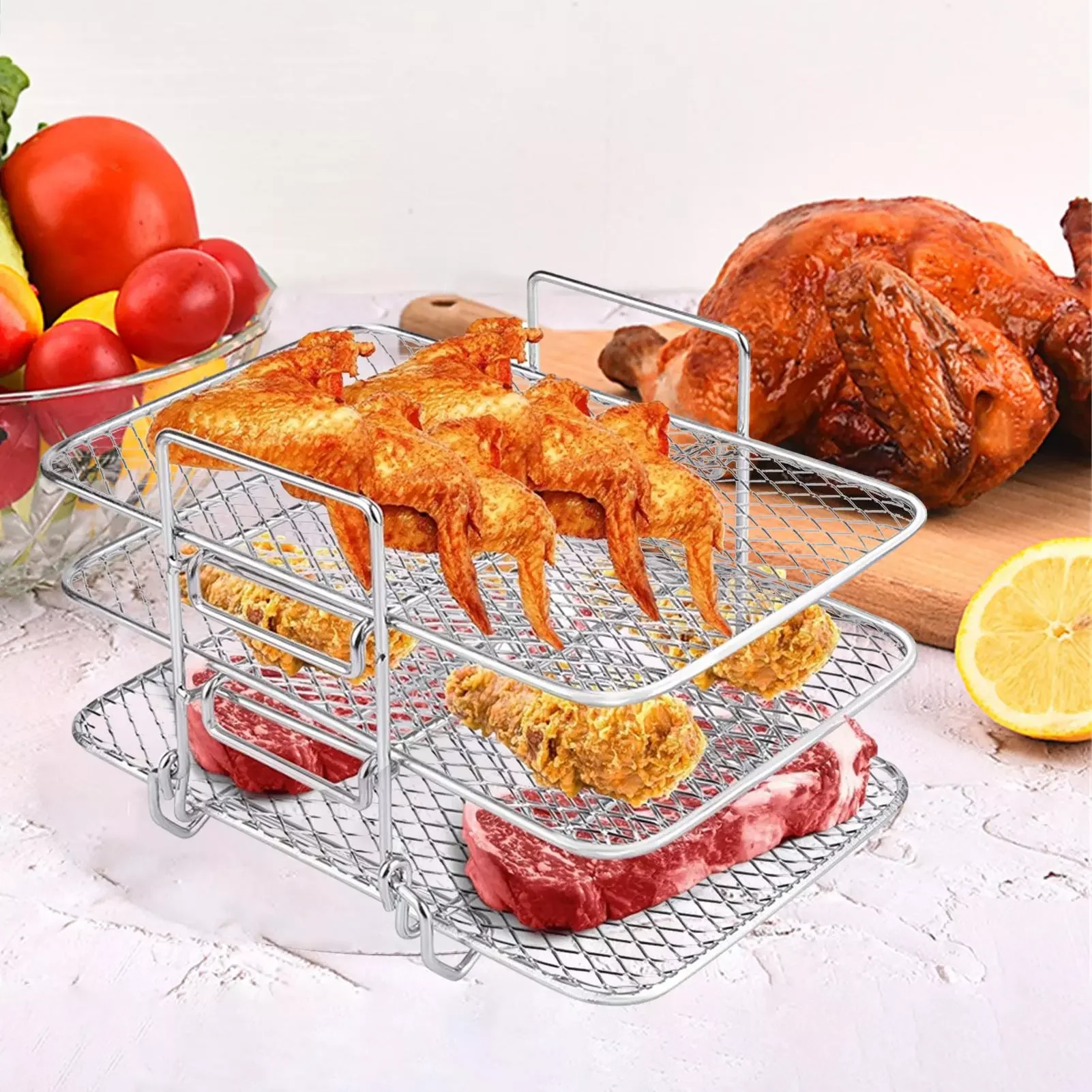 

NEW2023 3-layer Grid Stainless Steel Square Air Fryer Steaming Rack Dehydrator Rack Cooling Rack Air Fryer Accessories Kitchen T