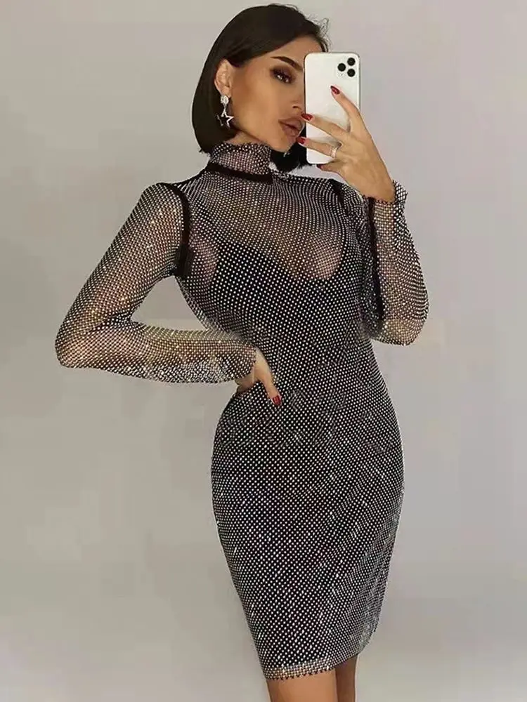 Соблазнительное черное Сетчатое Бандажное платье из 2 частей с бриллиантами