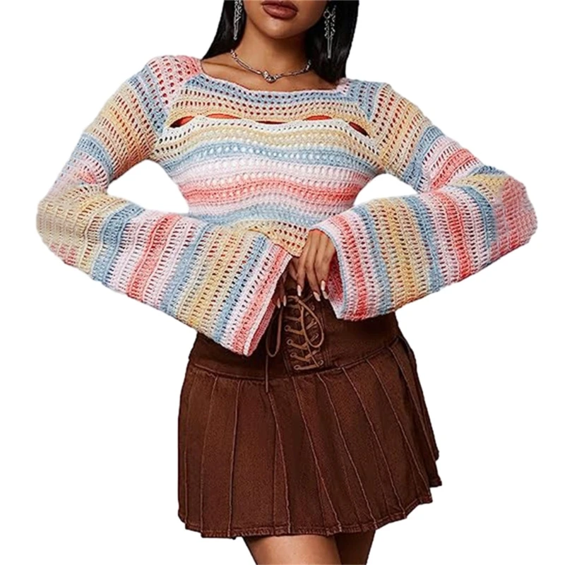 

Женские укороченные топы крючком, укороченная футболка с длинными рукавами, вязаный свитер, блузка, прозрачная пляжная накидка