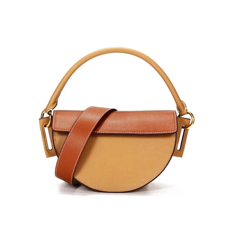 

2022 New Genuine Leather Pannel Saddle Bag For Women Cowhide Fashion Shoulder Handbag Female Designer Crossbody Bags Apricot