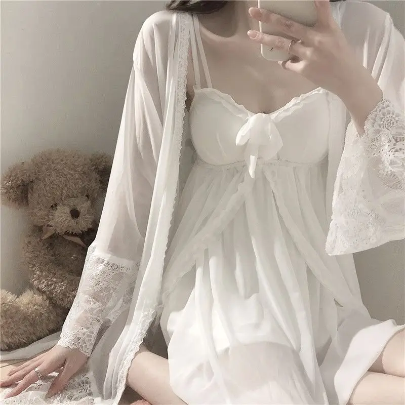 QWEEK Korean Sleepwear Women Sexy White Robe Fairy Dress Set Woman 2 Pieces Nightie Princess Lace Nightgown Peignoirs Albornoces
