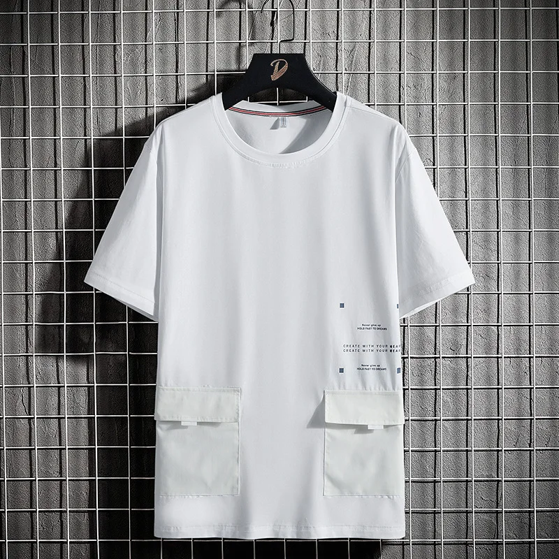 

Fashion short Sleeve Elasticity Solid T shirt Crewneck campus Top Men pocket Spliced Tee shirt Summer Harajuku T-Shirts oversize