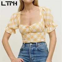 ltph fresh elegant checkedered shirt women short square collar puff sleeve crop top vintage plaid blouse 2022 summer new