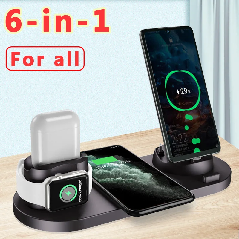 Qi 6 Trong 1 Sạc Không Dây Cho iPhone 13 12 11 XR 8 IWatch 7 6 5 Trạm Sạc Dock đứng Cho Airpods 1 2 3 Pro Android Điện Thoại