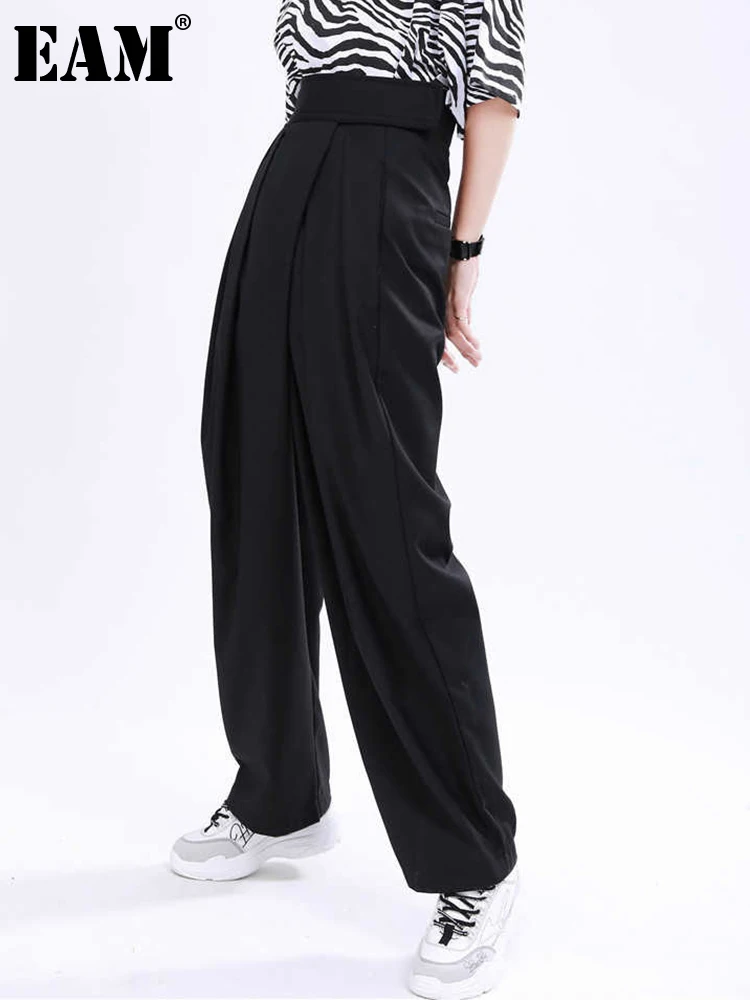 

[EAM] High Adjust Waist Black Pleated Long Wide Leg Trousers New Loose Fit Pants Women Fashion Tide Spring Summer 2022 1U171