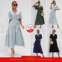 2022 summer new dress womens high waist lace up dress solid color layered sexy elegant v neck short sleeve stitched long dress