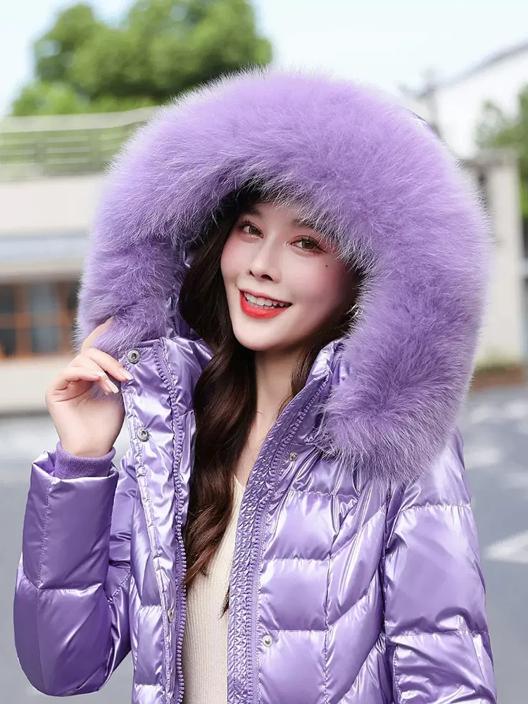 New Women Wash Free Glossy Surface Down Coat Winter Fashion Real Fox Fur Collar Lengthened Thicken Warm Slim Down Jacket Female