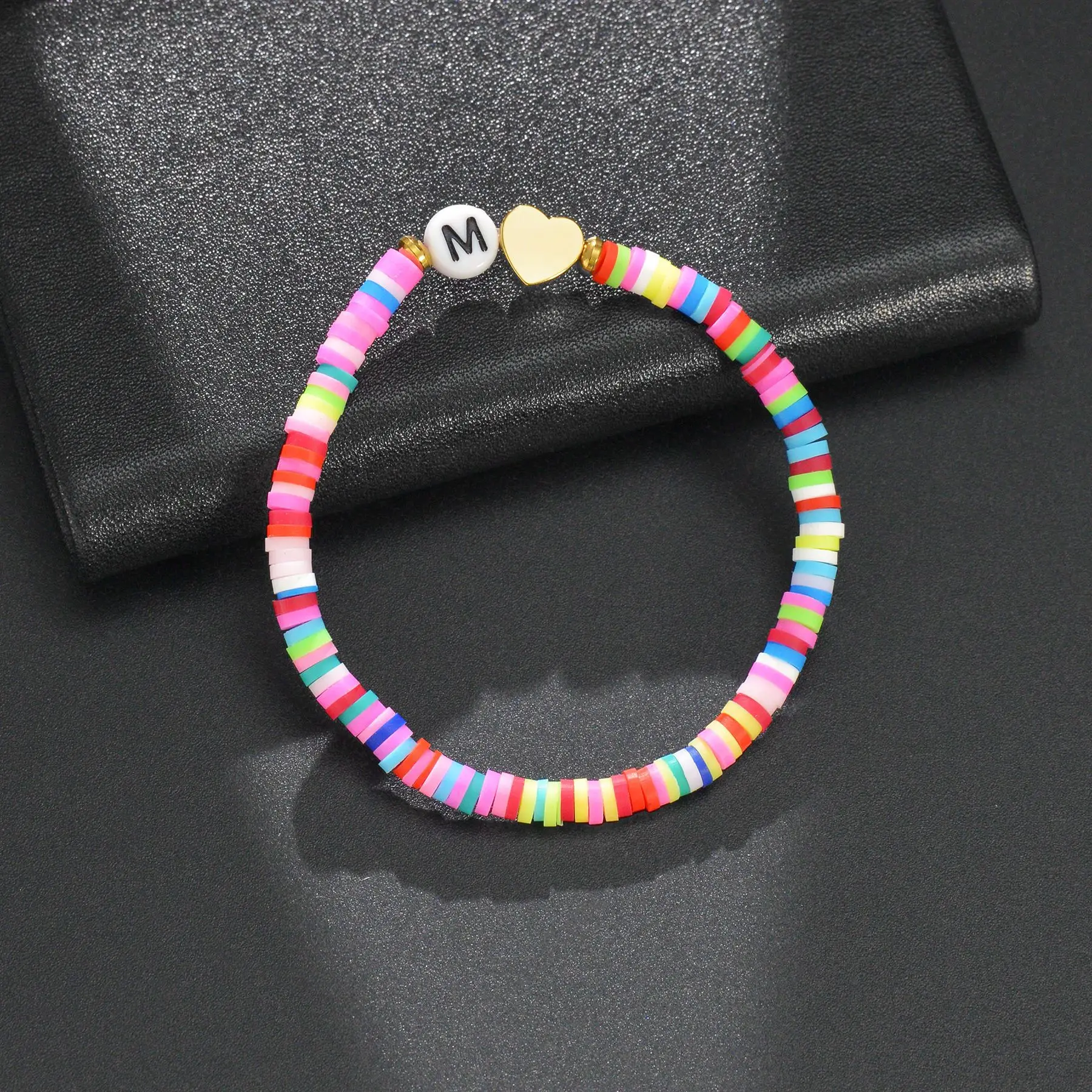 

Heart Charm Bracelet For Girl Multicolor Polymer Clay Flat Beads Bracelet Set For Women Boho Ethnic Jewelry