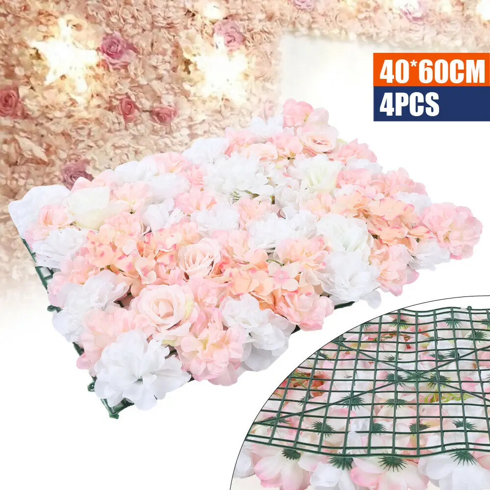 

4Pcs Artificial Silk Flower Wall Panel Fake Rose Floral Wedding Party Venue Background Decor