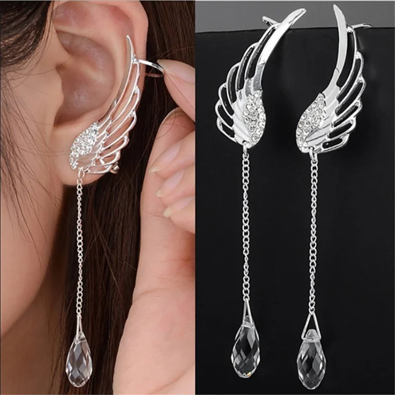 

2021 New Silver Plated Angel Wing Stylist Crystal Earrings Drop Dangle Ear Stud For Women Long Cuff Earring Bohemia Jewelrys