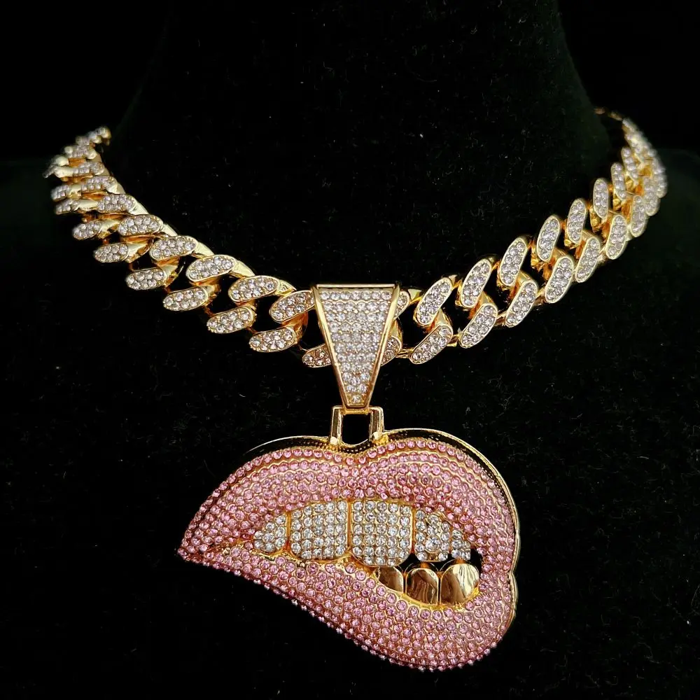 AAA Rhinestone Iced Out Miami Cuban Link Chain Sexy Biting Lips Pendant Necklace For Men's Chains Hip Hop Jewelry Women |