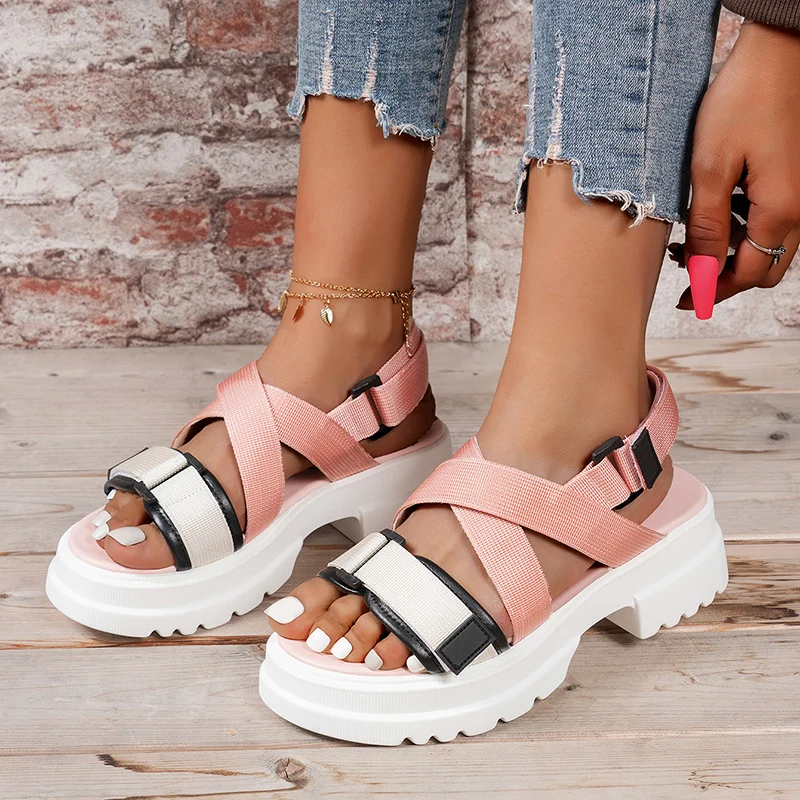 

Rimocy Canvas Platform Women's Sandals 2022 Summer Cross Strap Square Heels Sandalias Mujer Open Toe Med Heel Rome Shoes Ladies