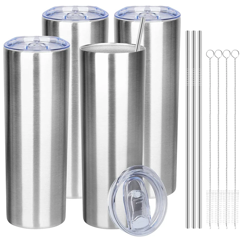 

4 Pack Stainless Steel Skinny Tumbler with Straws 20Oz Double Wall Vacuum Insulated Tumbler Cups with Lid