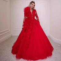 xijun gorgeous red tulle prom dresses lace appliques flowers tiered ruffles long sleeves dubai women long evening gown 2022
