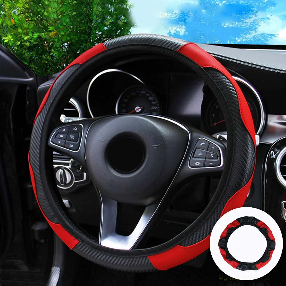

1pc Steering Wheel Cover 38CM Car Fashion Carbon Fiber Leather Steering Wheel Cover Elastic No Inner Ring Car Interior Decor