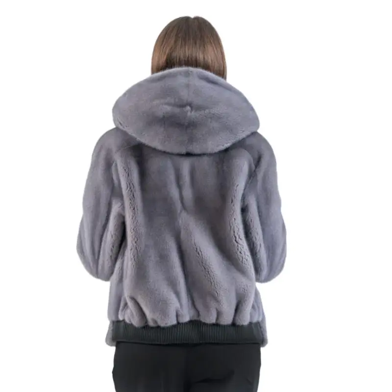 Winter Real Mink Fur Coat For Woman Warm Jacket With Hat & Zipper Ladies Cold-Resistant Short Outerwear Fashion Spring Essential