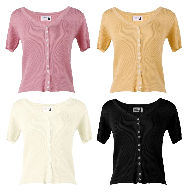 

Удобные вязаные кроп-топы карамельных цветов, футболка на пуговицах с V-образным вырезом, женский джемпер с коротким рукавом, топы, базовая ф...