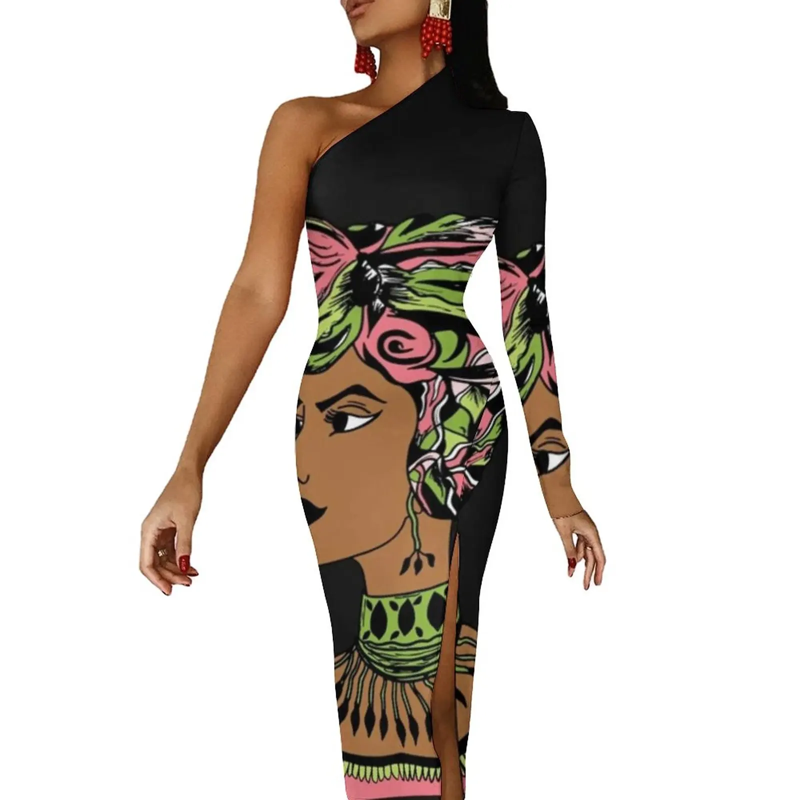 

Women Head Maxi Dress One Shoulder Wear Your Crown AKA Queen Kawaii Bodycon Dress Street Wear Long Dresses Female Print Vestido