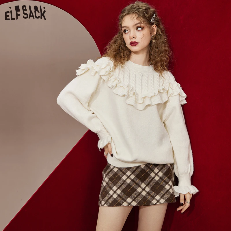 ELFSACK White Sweet Ruffles Sweaters Women 2022 Winter Loose Long Sleeve Knitwears