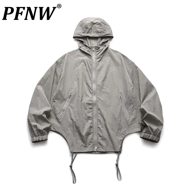 

PFNW Spring Autumn Men's Zipper Hooded Sunscreen Outdoor Jackets Loose Harakuju Style Sports Asymmetric Windcheater Coat 12A8825