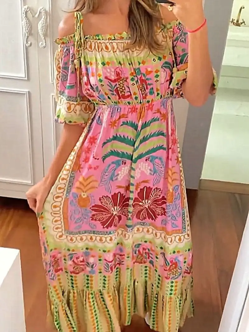 

Summer Sexy Slash Neck Spaghetti Strap Maxi Dress Women Casual Off Shoulder Short Sleeve Vacation Beach Robe Female Clothing