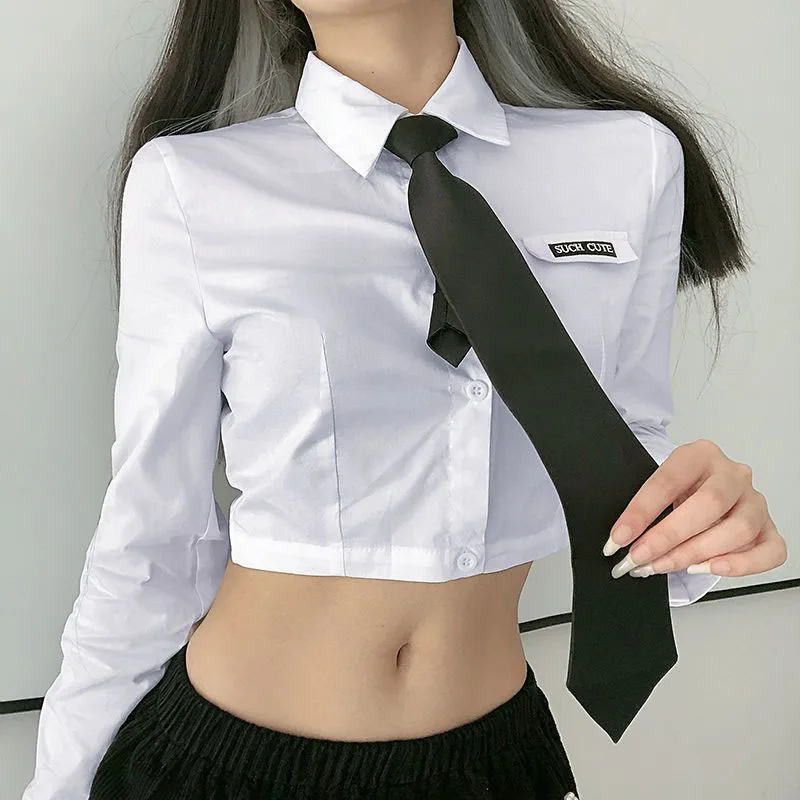 

Zoki Sexy Cropped Women Jk Tie White Shirt Japan Harajuku Long Sleeve Female Tops Spring Fashion Preppy Style Slim Blouse New