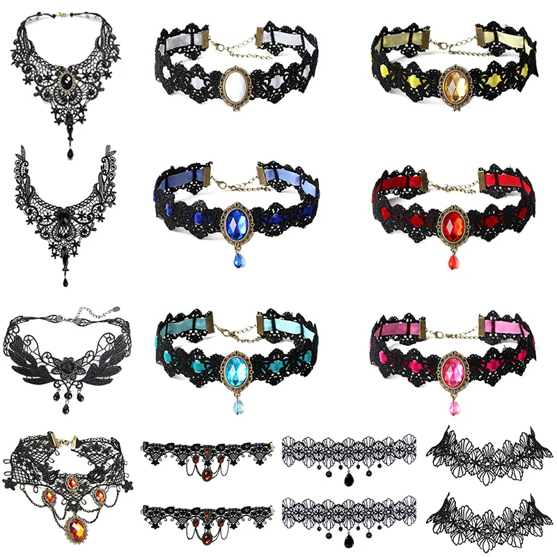 Gothic Punk Lace Choker Necklace For Women Teens Girls Rivet Heart Collar Necklace Rock Fashion Jewelry Gifts Party Necklace
