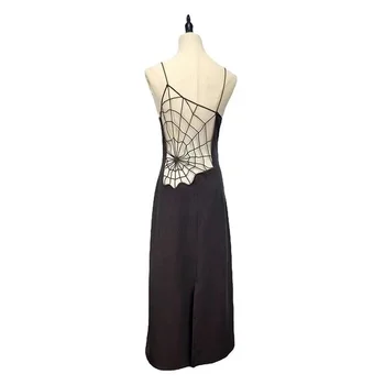 Goth Dark Spider Web See Through Sexy Mesh Gothic Dresses Women Black  Sexy Sling Midi Dress Party Club Evening Clothing 1