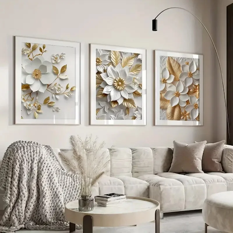 3 шт. плакат на холсте с изображением белых цветов и золотых листьев