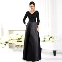 vintage satin and lace black wedding guest gown for woman 34 sleeves floor length mother of the bride dresses v neck plus size