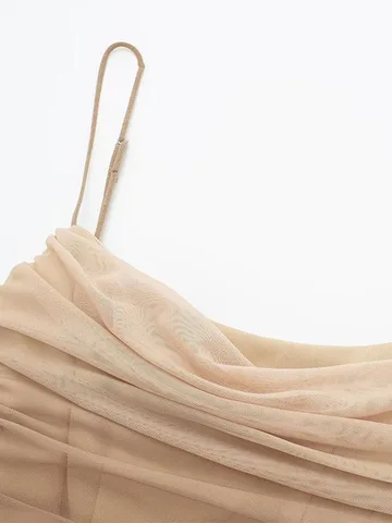 Женское платье с принтом из тюля, Пляжное плиссированное платье средней длины на тонких бретельках с прямым вырезом и украшением