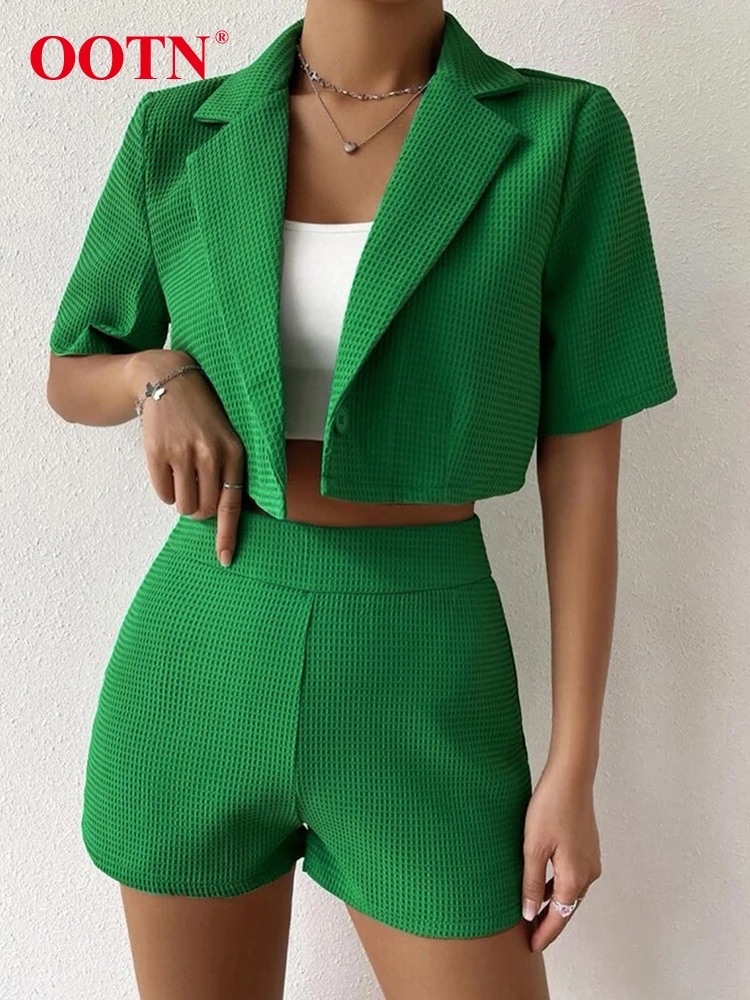 

Комплекты зеленых офисных шорт OOTN, уличные шикарная на пуговицах рубашки, шорты с высокой талией, комплекты из 2 предметов, лето 2023, топы с зубчатым воротником