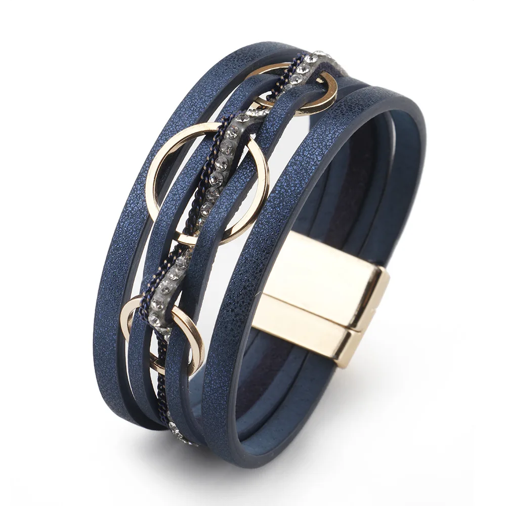 

Wholesale Magnetic Snap Women's Bracelet Buckle Creative Wide Wrap Multi-Layer PU Leather Bracelet