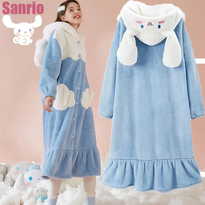 

Sanrio Cinnamoroll Kuromi My Melody Kawaii Cartoon Pajamas Long Section Plush Robe Fall and Winter Home Wear Girls Cute Pajamas