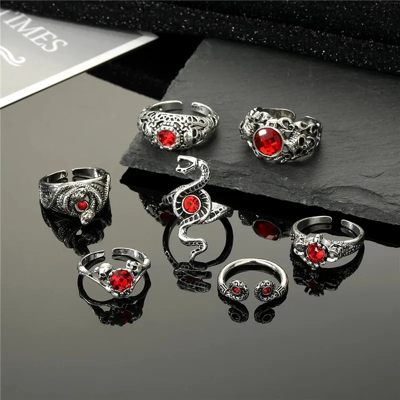1PC Винтажное Блестящее Красное Кольцо с Змеей и Черепом для Женщин и Мужчин, Готическое Панк-кольцо с Скелетом Лисы и Другими Животными, Открытый Палец, Украшение для Вечеринки